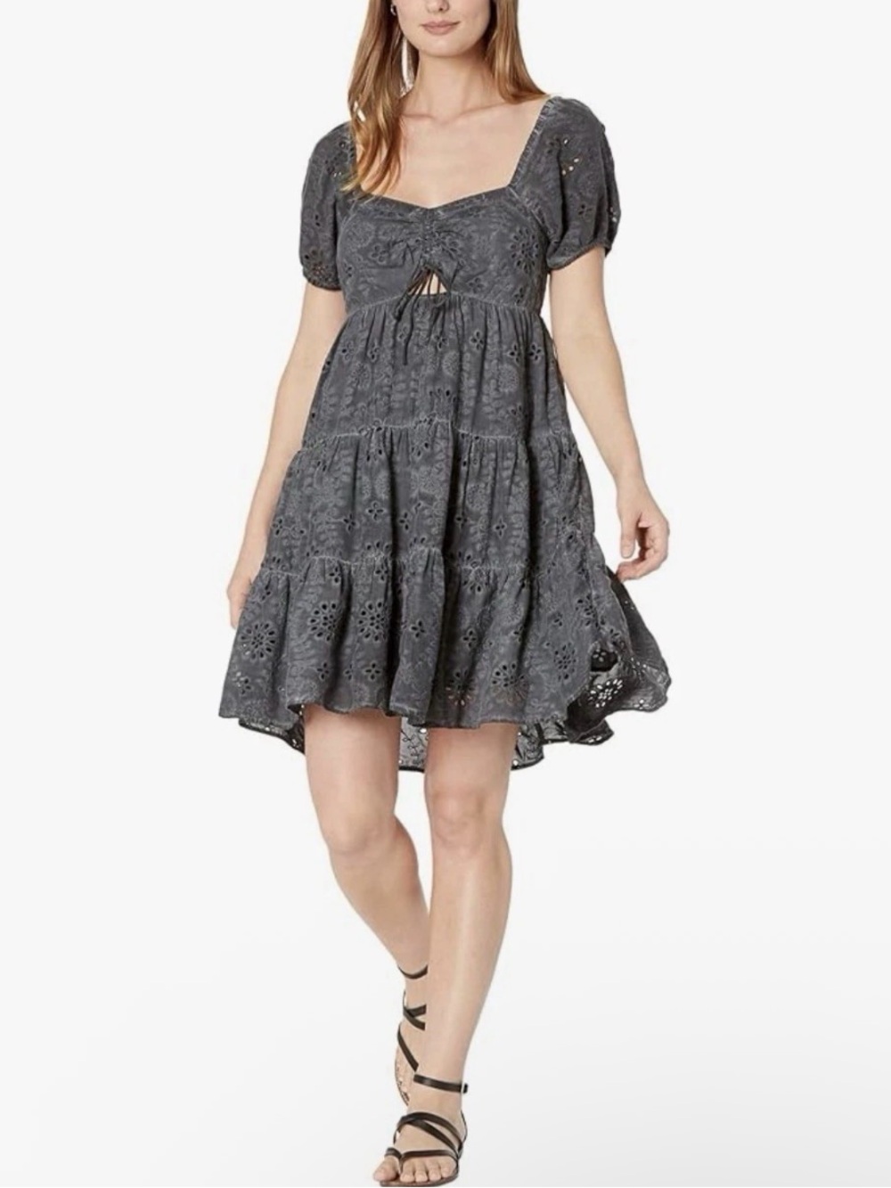Lucky Brand Washed Black Eyelet Crochet Mini Babydoll Dress Milkmaid Grunge Y2K
